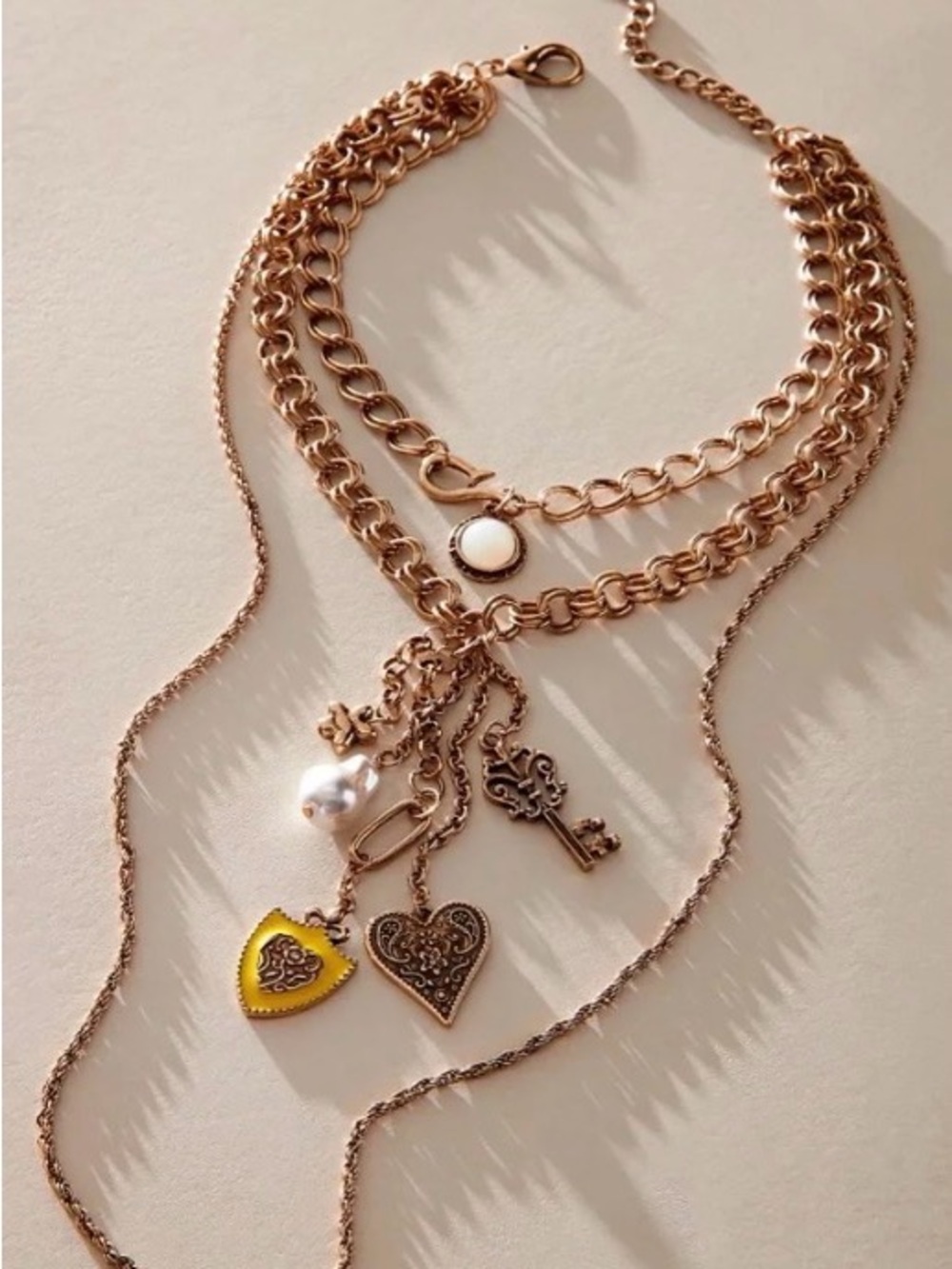 Layered  Gold Charm Necklace with Heart, Key & Pearl Charms